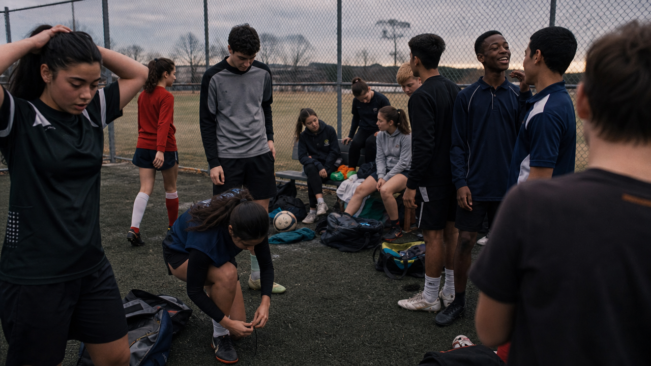 A school team together after training, kit bags down